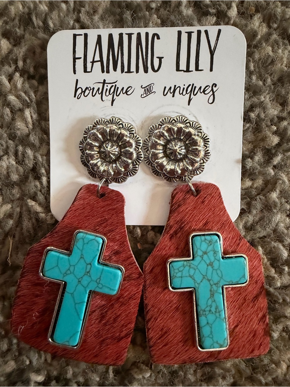 Kids Red Hair Cross Earrings with Turquoise Accent